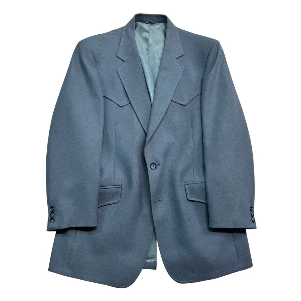 vtg 70s Baby Blue Western 38S 34x30 2pc Pant Suit Knit Polyester Retro USA